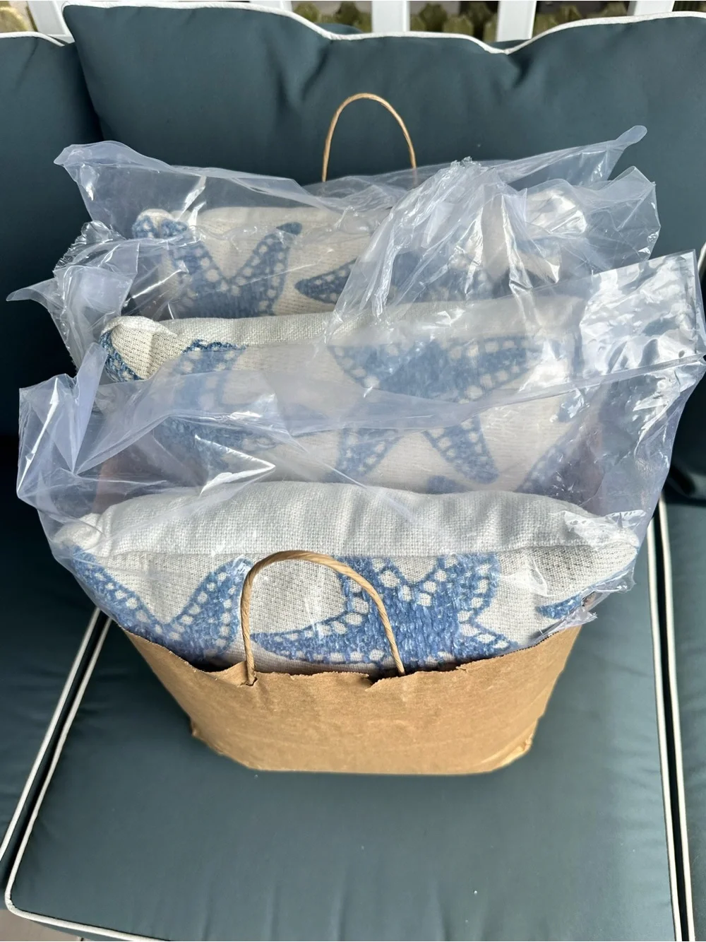 New blue and cream starfish lumbar accent pillow (@18”x11”): 3 available